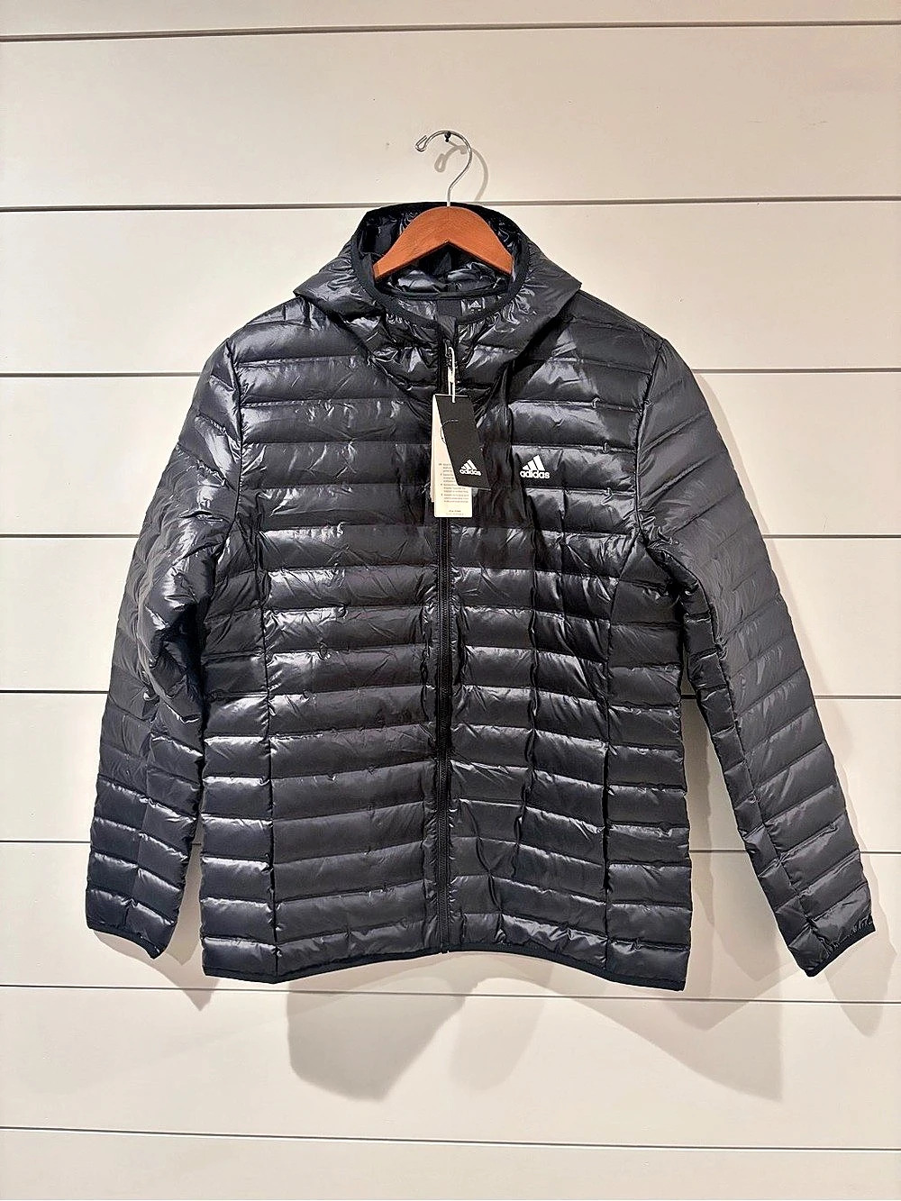 Adidas Varilite Down Hooded Puffer Jacket Black Men’s L Lightweight NWT
